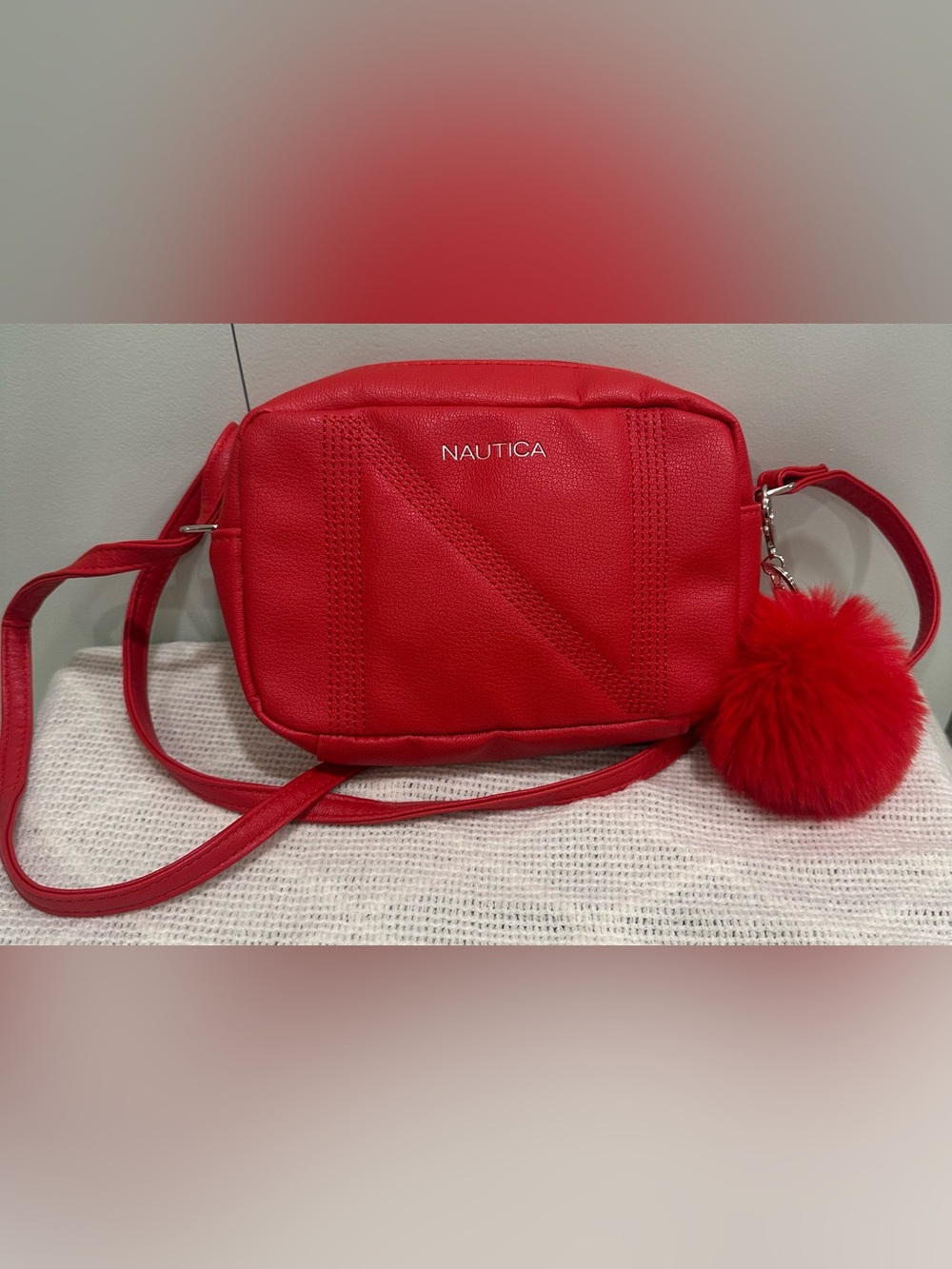 NAUTICA Size S Red Faux Leather Textured Adjustable Thin Crossbody Bag w/ Pocket